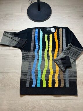 Carlo Colucci Crewneck Sweater Black with Multicolor Stripes Mens ’ Large